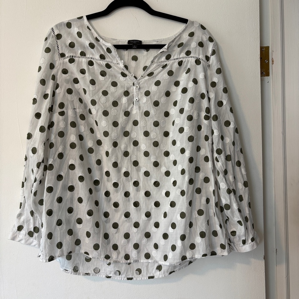 TALBOTS Cotton Popover Shirt Womens Size X White Polka‎ Dot Textured Henley